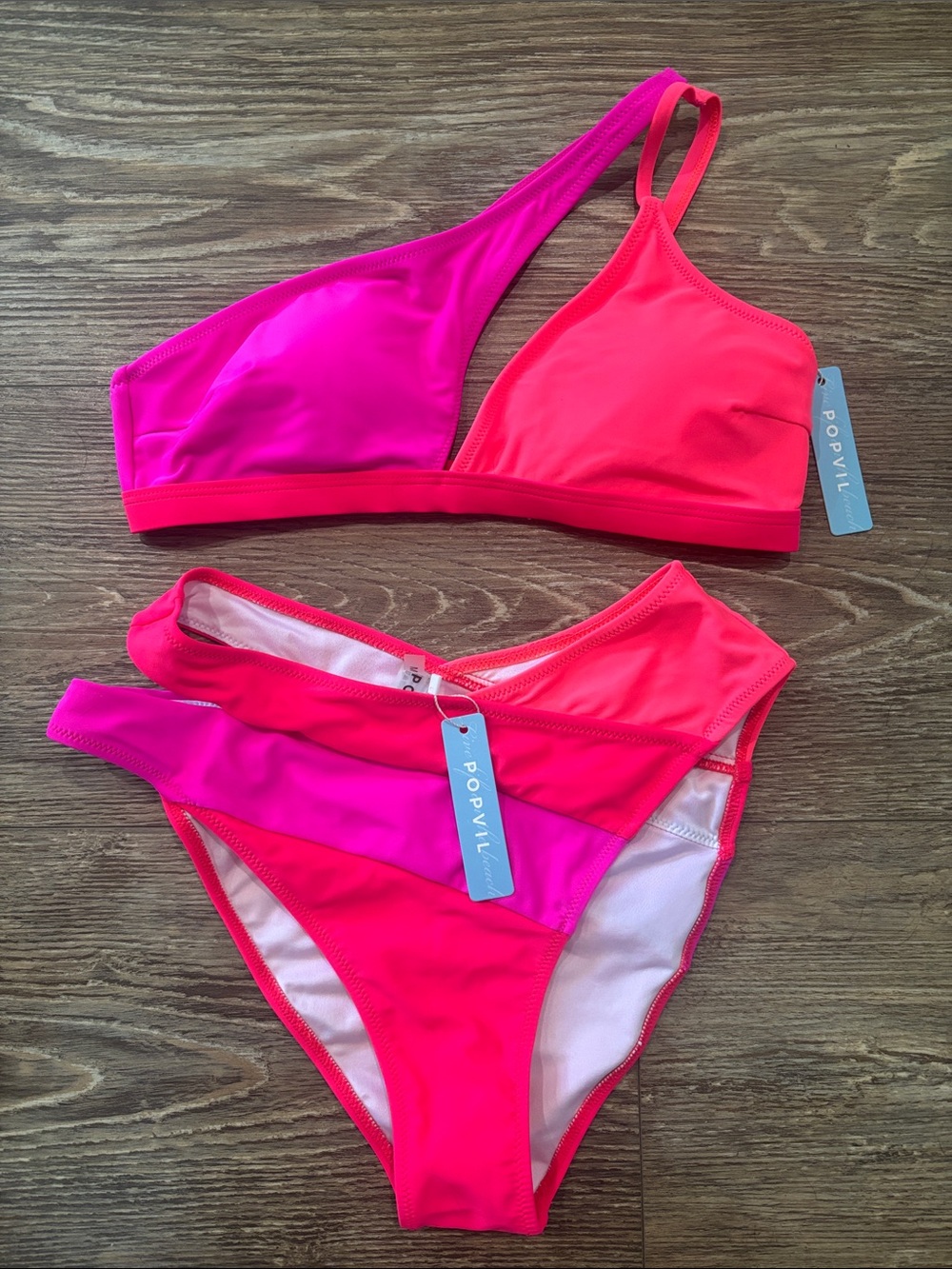 Popvil Color Contrast Cut Out Matching Bikini Top & Bottom Women's Size Medium
